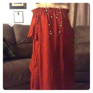 Bronze Ankle Length Off The Shoulder Dress.